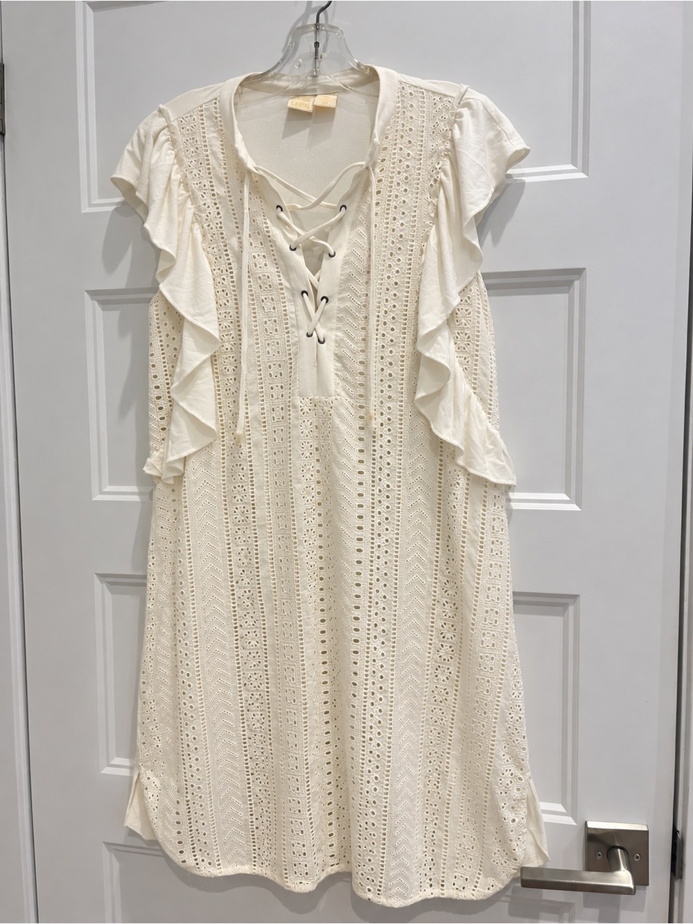 Lucy & Laurel Cream Eyelet Lace-Up Ruffle Mini Dress